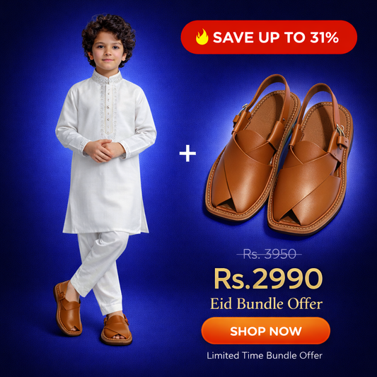 Eid Bundle - Boys White Kurta Shalwar with Peshawari Sandal
