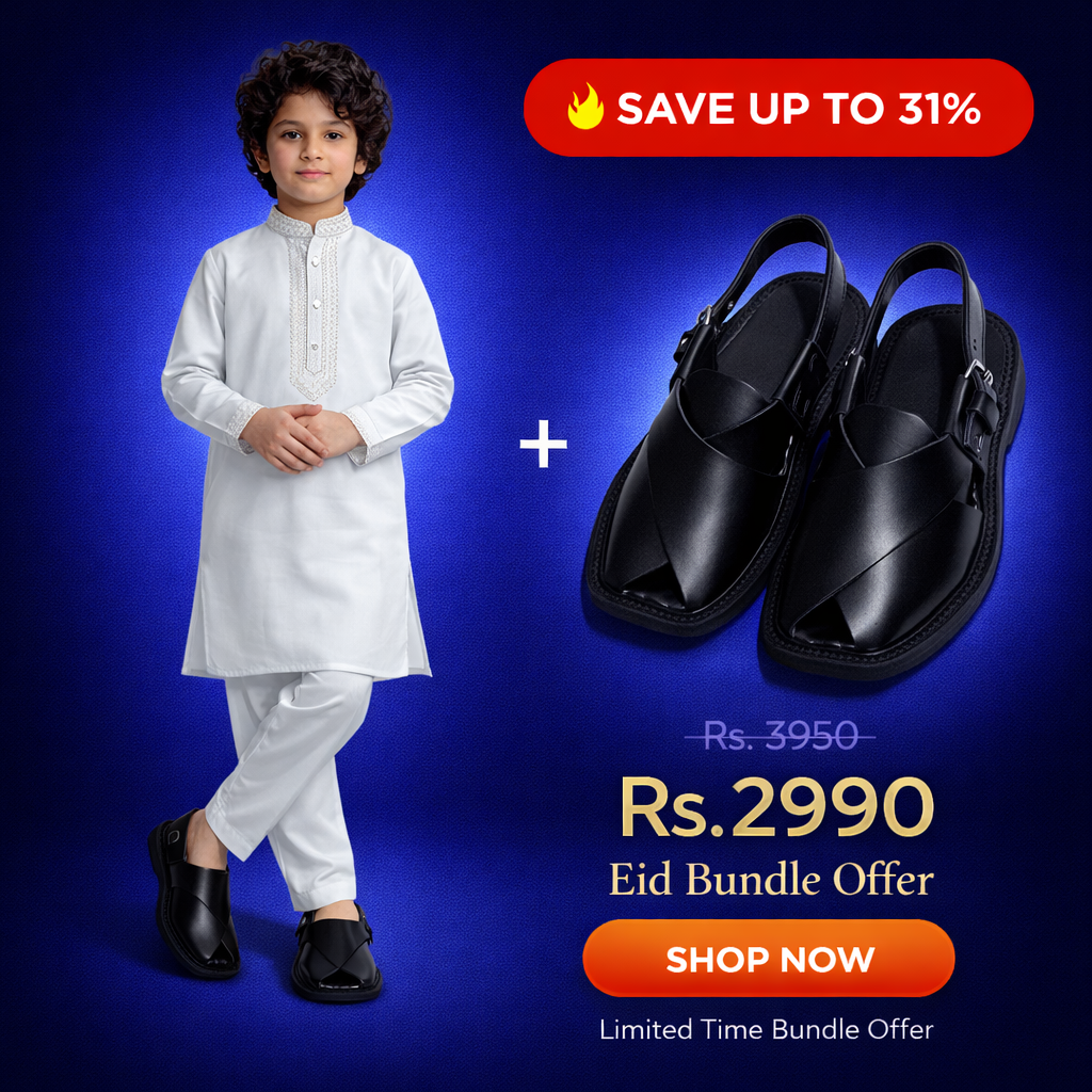 Eid Bundle - Boys White Kurta Shalwar with Peshawari Sandal