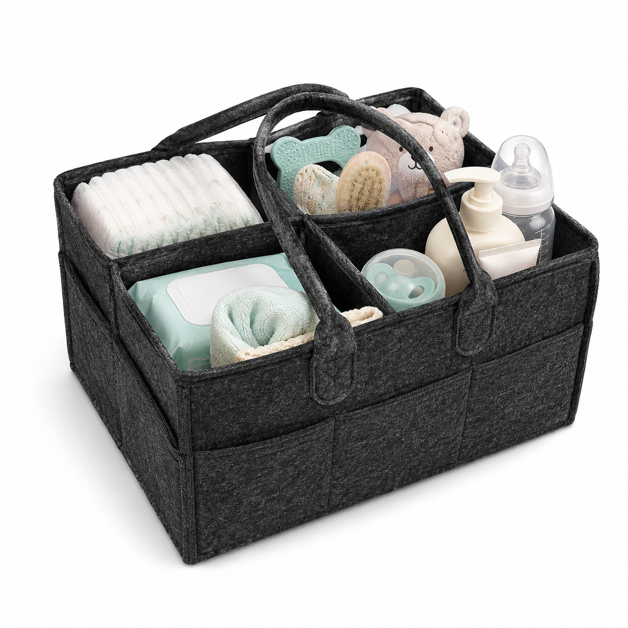 Felt Baby Diaper Caddy Organizer – Nursery Storage with Carry Handles | Beige, Gray & Black