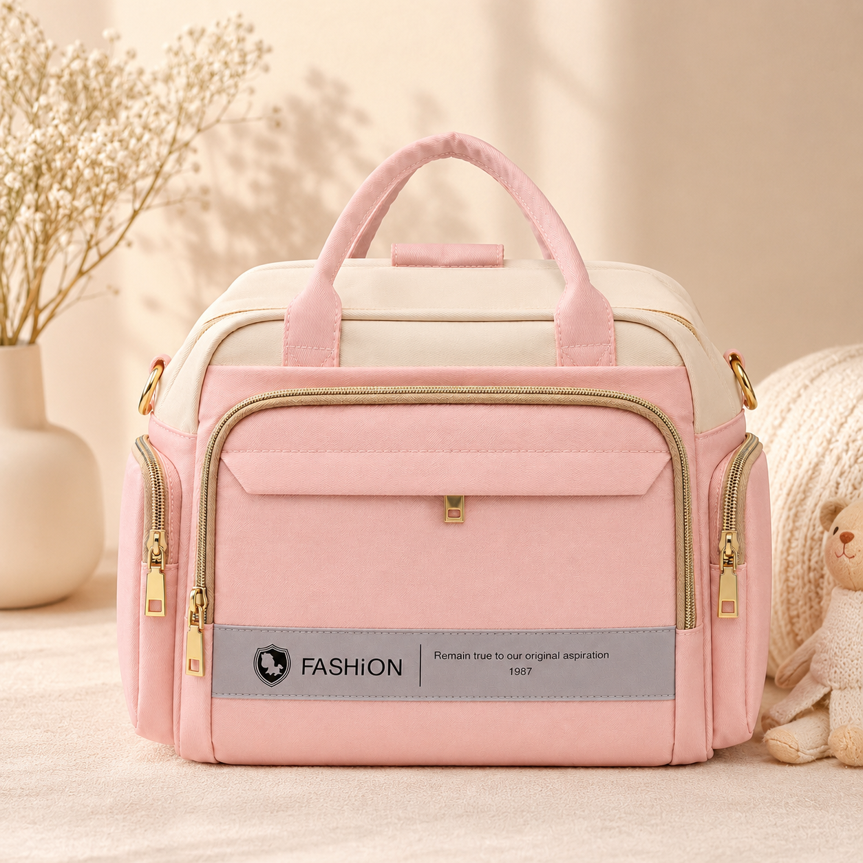 Baby Diaper Bag Handbag Style - Stylish Mummy Bag in Pink & Light Blue