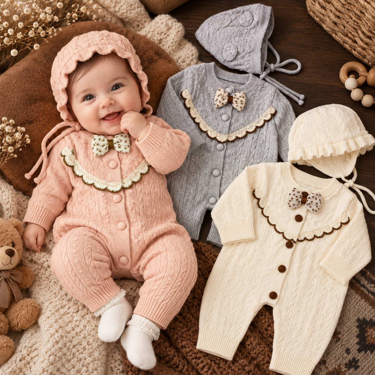 Ivory Cable Knit Bow Tie Baby Romper Set with Bonnet