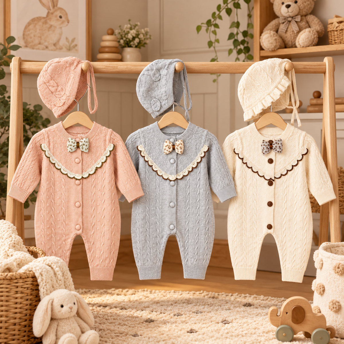 Ivory Cable Knit Bow Tie Baby Romper Set with Bonnet