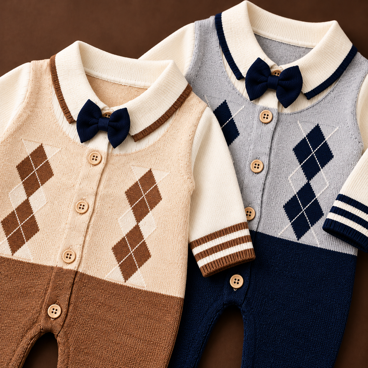 Knitted Argyle Bow Tie Baby Romper