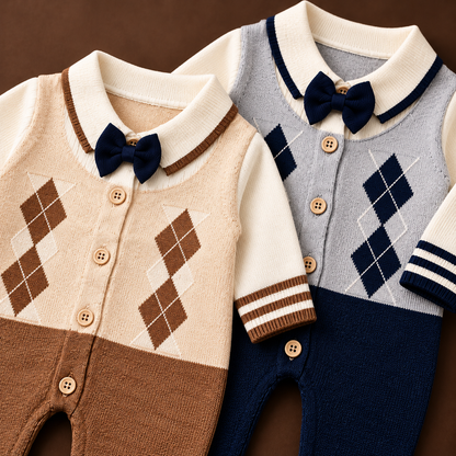 Knitted Argyle Bow Tie Baby Romper