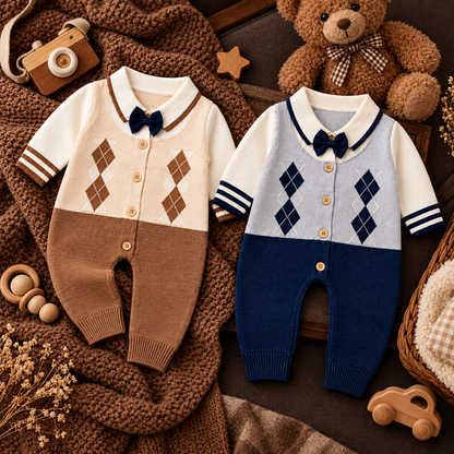 Knitted Argyle Bow Tie Baby Romper