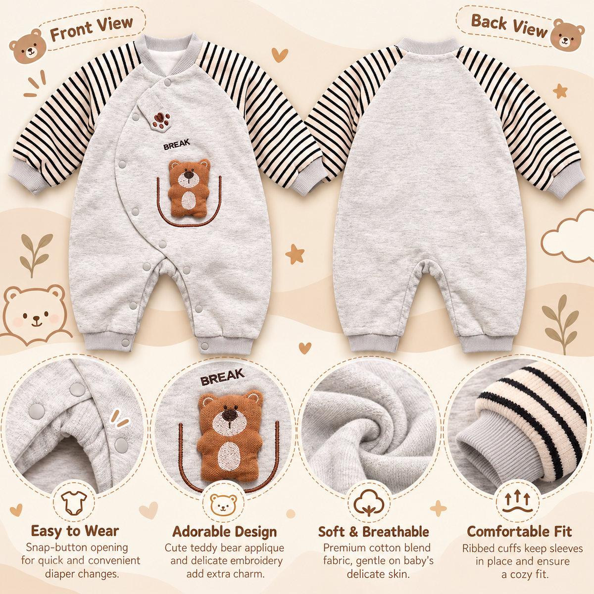 Baby Grey Teddy Bear Romper with Striped Sleeves