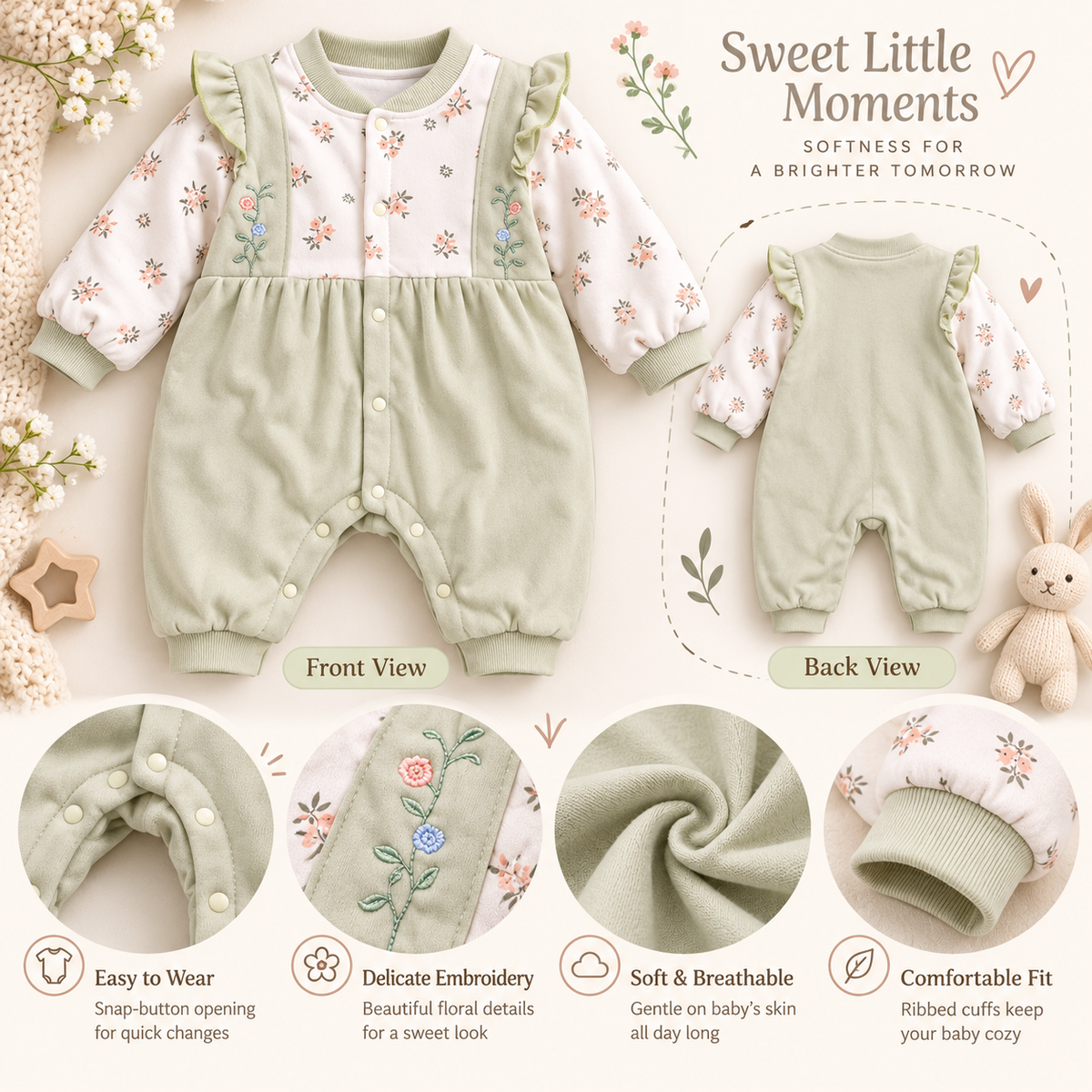 Baby Sage Green Floral Ruffle Romper