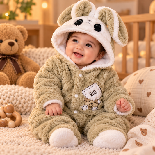 Baby Khaki Beige Plush Bunny Hooded Romper