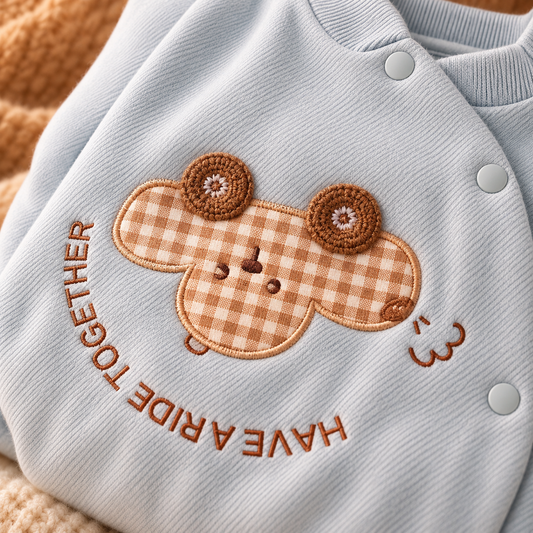 Baby Light Blue Romper with Gingham Character Appliqué