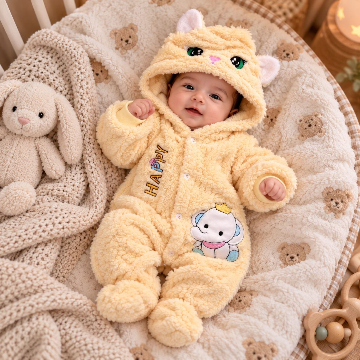 Baby Butter Yellow Plush Cat Hooded Romper