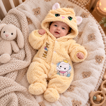 Baby Butter Yellow Plush Cat Hooded Romper