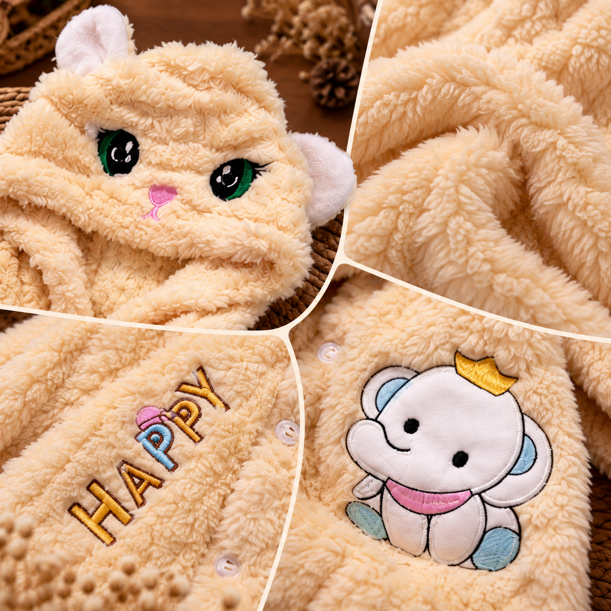 Baby Butter Yellow Plush Cat Hooded Romper