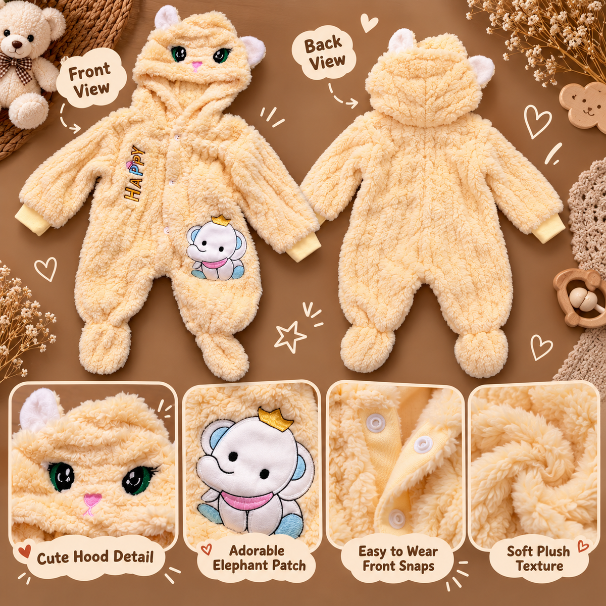 Baby Butter Yellow Plush Cat Hooded Romper