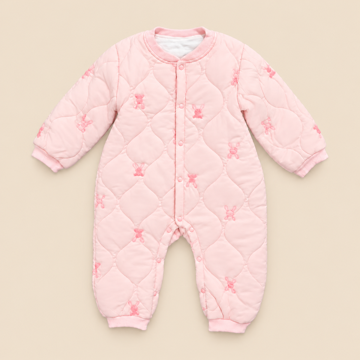 Baby Light Pink Quilted Bunny Embroidered Romper