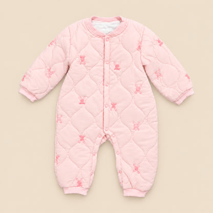 Baby Light Pink Quilted Bunny Embroidered Romper