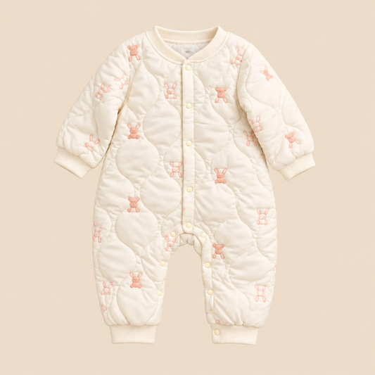 Baby Off-White Quilted Bunny & Bear Embroidered Romper
