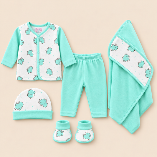 Newborn Baby 5-Piece Chick Print Starter Set – Snap-Front Top, Elastic-Waist Pants, Cap, Booties & Wrap Blanket in Cream, Mint & Blue