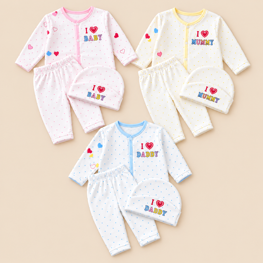 Baby Fleece Outfit Set, Pack of 3 – I Love Baby, Mummy & Daddy Snap-Front Top, Pants & Cap