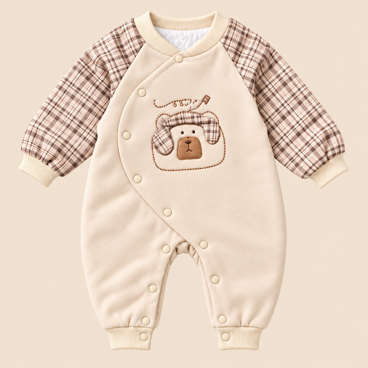 Baby Cream Bear Romper with Checked Sleeves