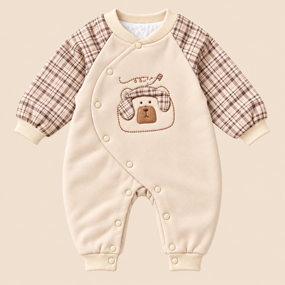 Baby Cream Bear Romper with Checked Sleeves