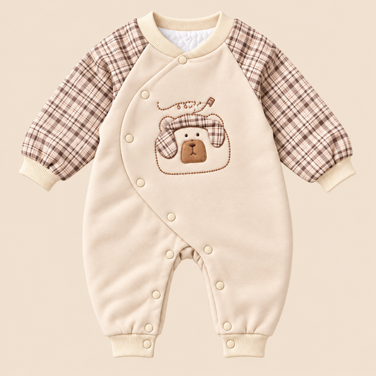 Baby Cream Bear Romper with Checked Sleeves