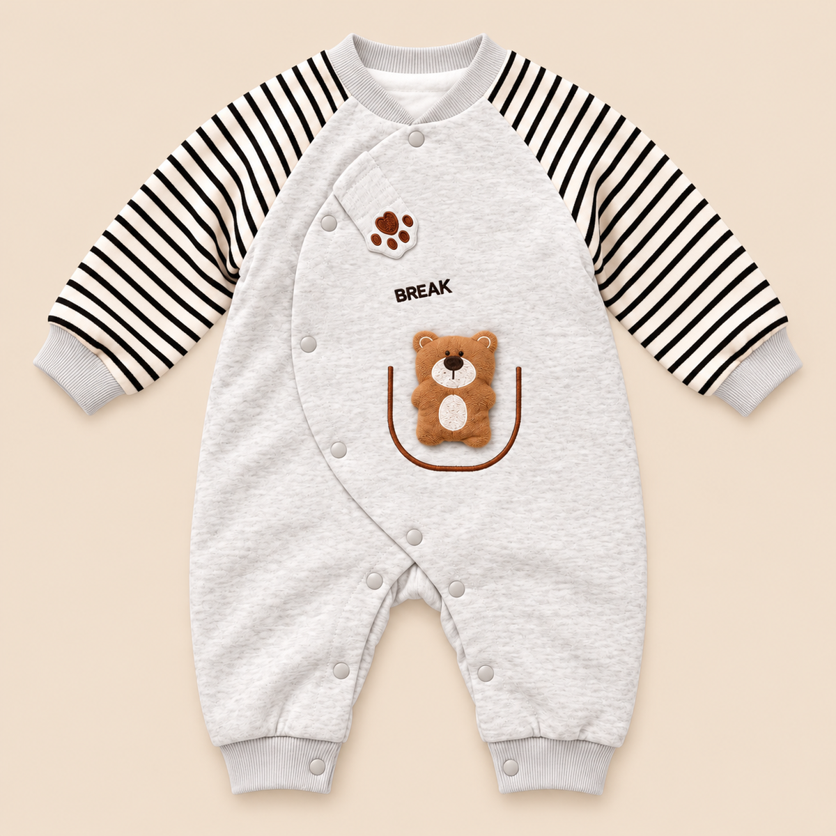 Baby Grey Teddy Bear Romper with Striped Sleeves