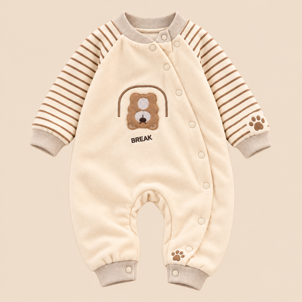 Baby Cream Bear Romper with Brown Striped Sleeves