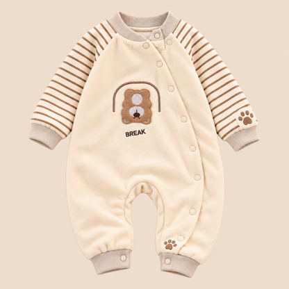 Baby Cream Bear Romper with Brown Striped Sleeves