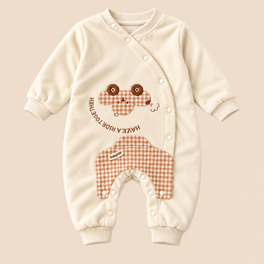 Baby Cream Romper with Gingham Character Appliqué