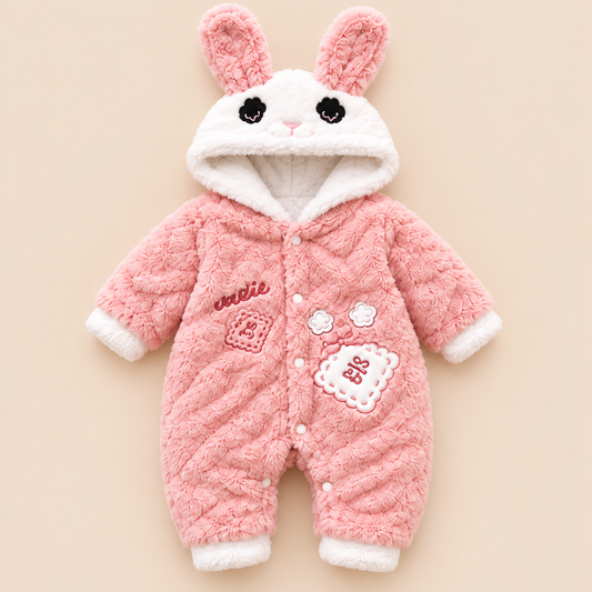 Baby Dusty Pink Plush Bunny Hooded Romper