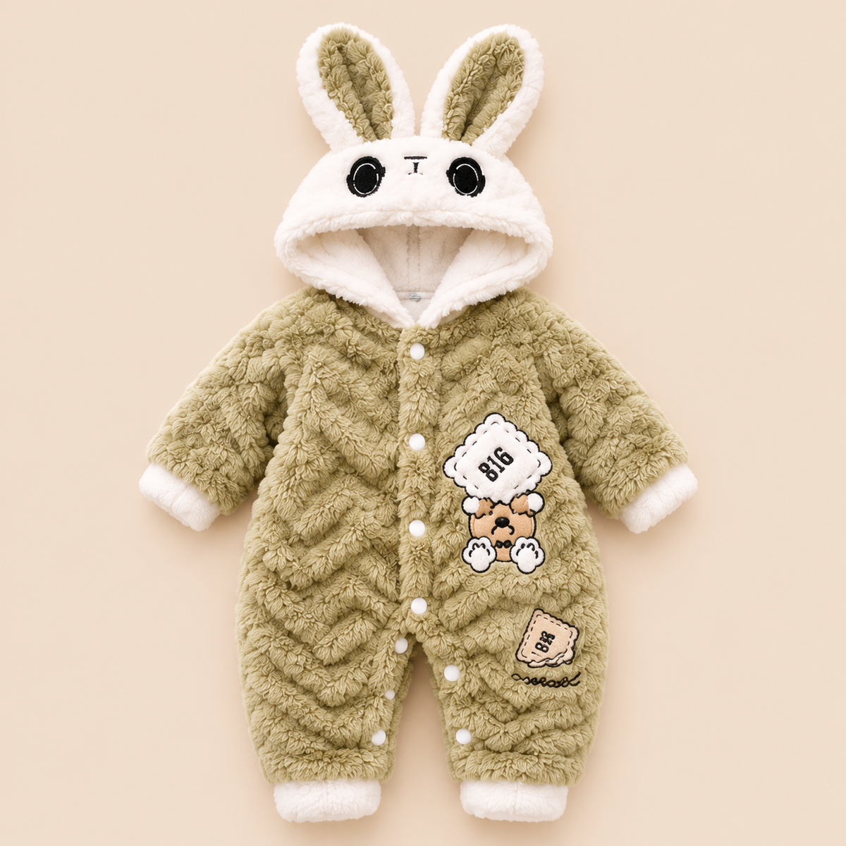 Baby Khaki Beige Plush Bunny Hooded Romper