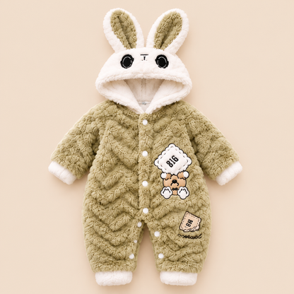 Baby Khaki Beige Plush Bunny Hooded Romper