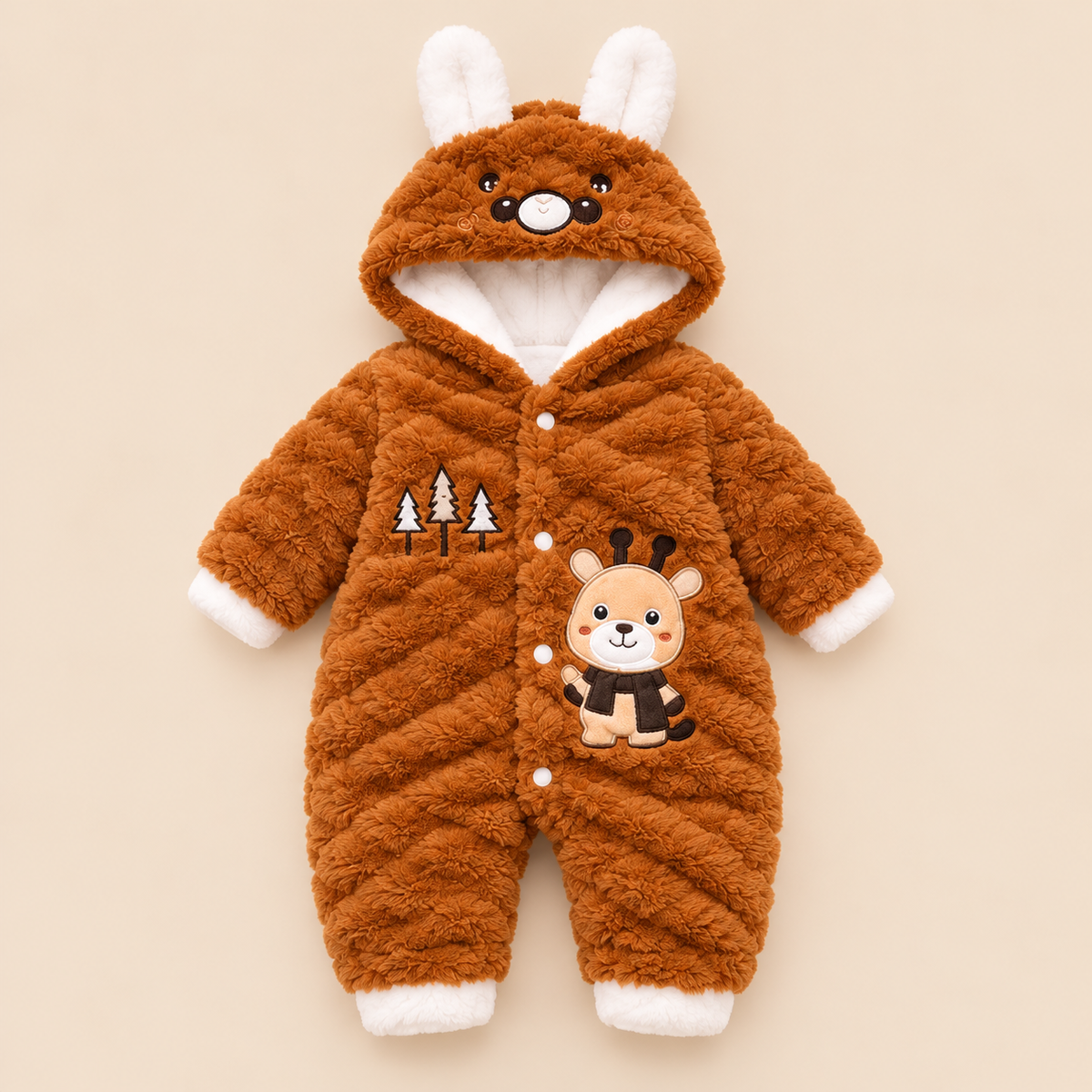 Baby Caramel Brown Plush Animal Hooded Romper