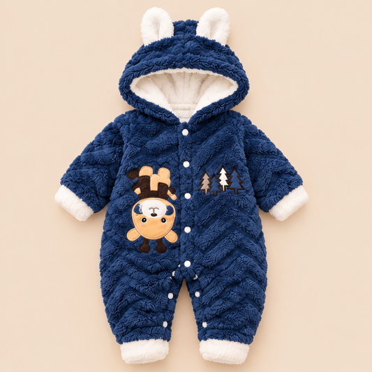 Baby Navy Blue Plush Animal Hooded Romper