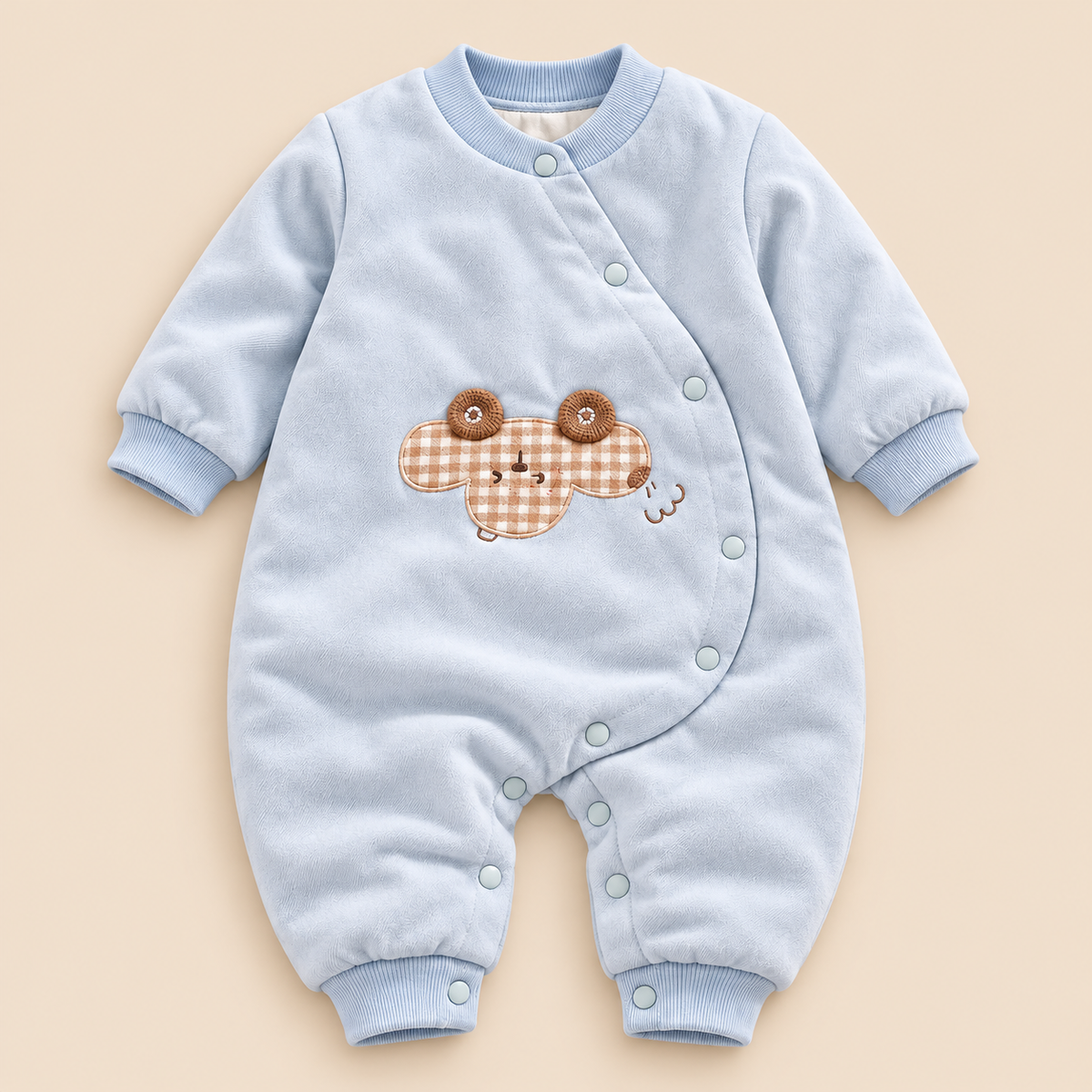 Baby Light Blue Romper with Gingham Character Appliqué