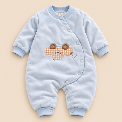 Baby Light Blue Romper with Gingham Character Appliqué