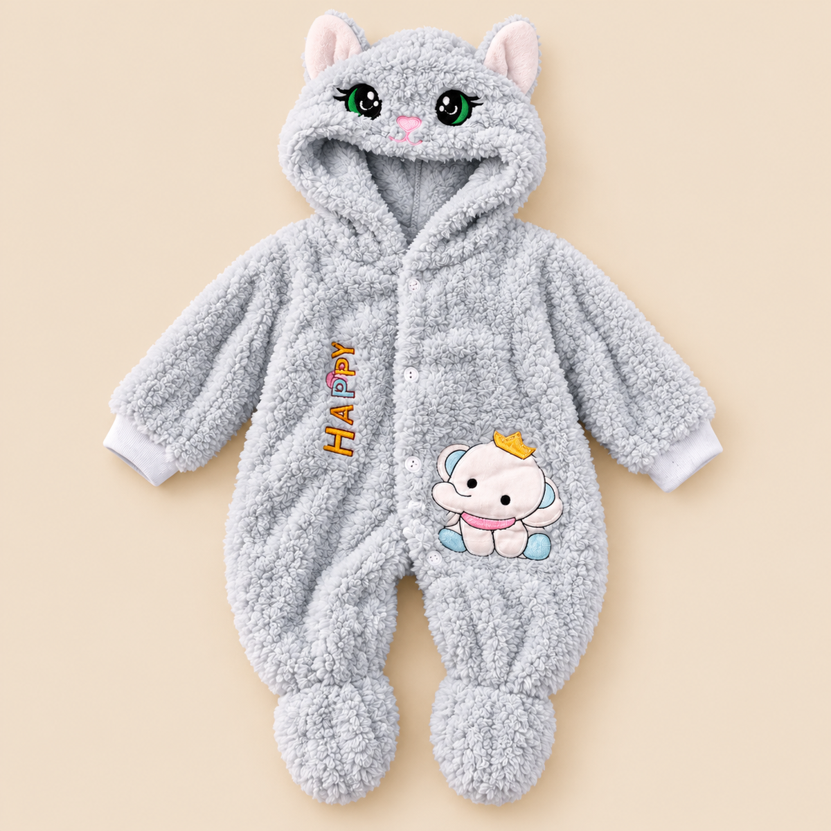 Baby Light Grey Plush Cat Hooded Romper