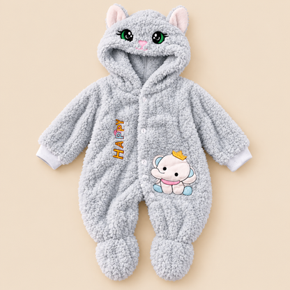Baby Light Grey Plush Cat Hooded Romper
