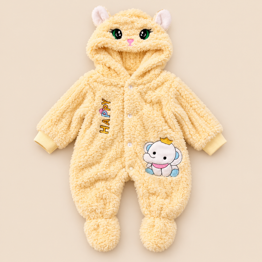 Baby Butter Yellow Plush Cat Hooded Romper