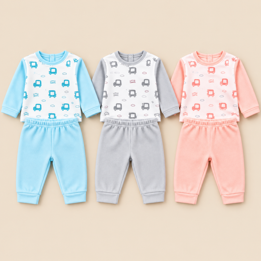 Soft Fleece Baby Outfit Set, Pack of 3 – Little Car Print Snap-Button Top & Elastic-Waist Pants in Blue, Grey & Pink
