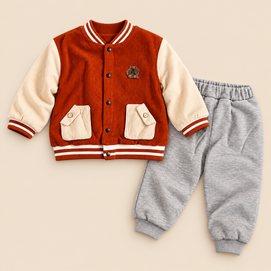 Kids Rust Varsity Jacket & Grey Jogger Outfit