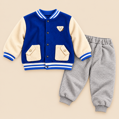 Kids Blue Varsity Jacket & Grey Jogger Outfit