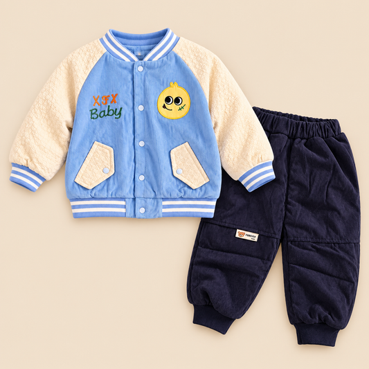 Kids Sky Blue Character Varsity Jacket & Navy Jogger Outfit
