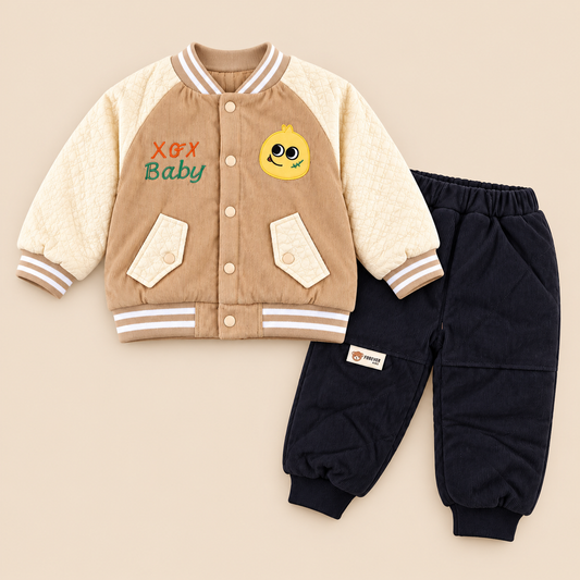 Kids Beige Character Varsity Jacket & Navy Jogger Outfit