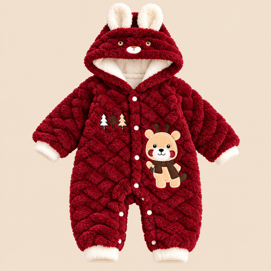 Baby Burgundy Plush Animal Hooded Romper