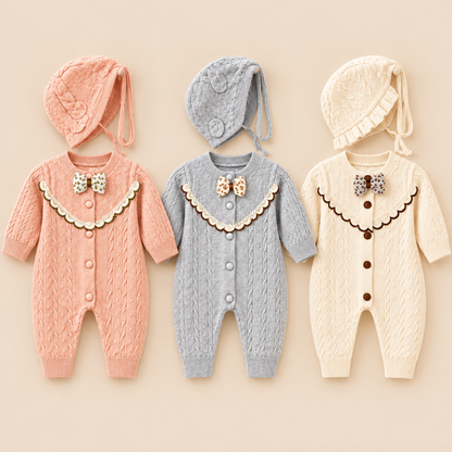 Ivory Cable Knit Bow Tie Baby Romper Set with Bonnet