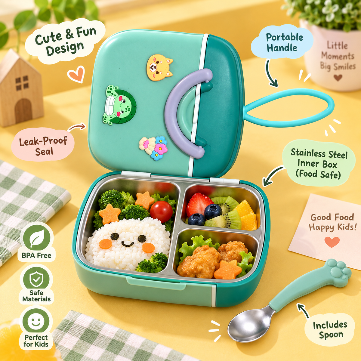 HappyBite Kids Plastic Lunch Box with Spoon