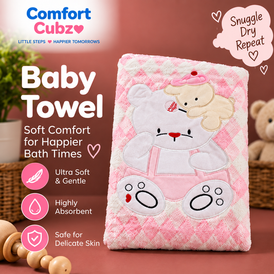 Soft Bear Baby Towel in Pink & Cream