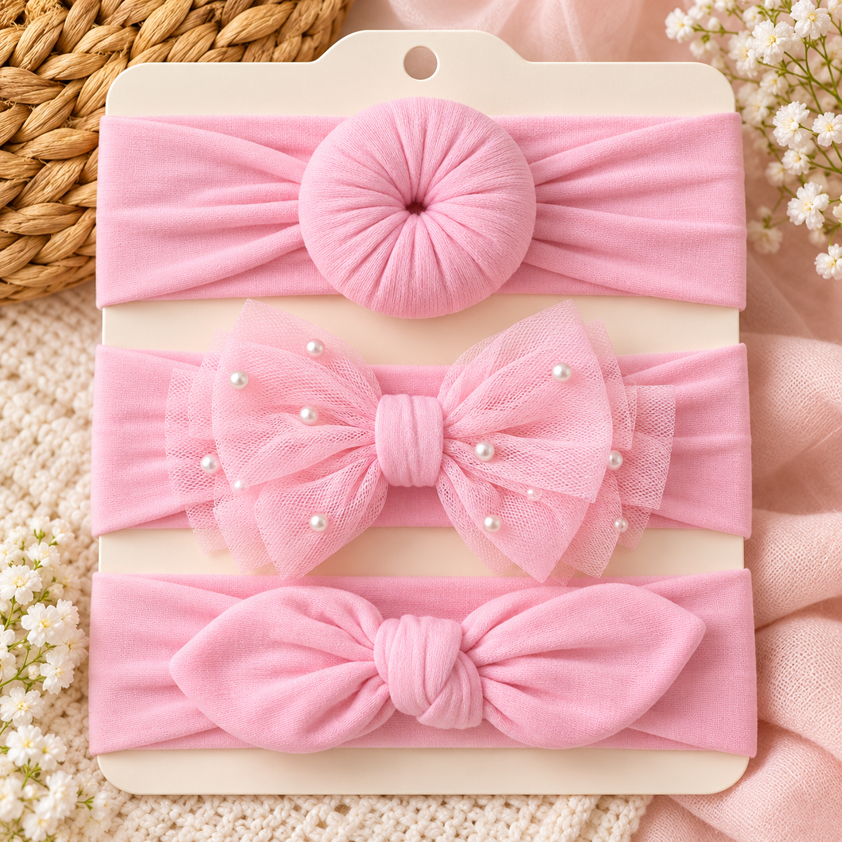Baby Bow Headbands with Tulle & Pearl Accents