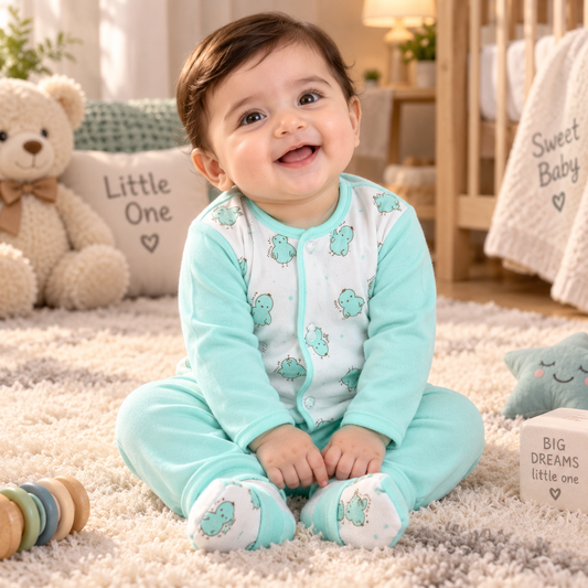 Newborn Baby 5-Piece Chick Print Starter Set – Snap-Front Top, Elastic-Waist Pants, Cap, Booties & Wrap Blanket in Cream, Mint & Blue